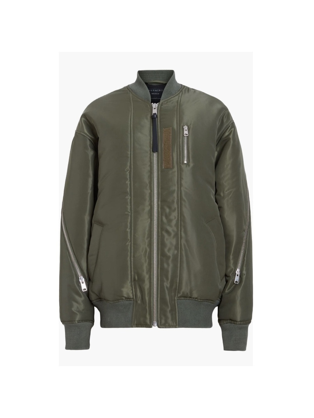 All Saints Scout Ruched Bomber Jacket in Khaki Green, Size L New w/Tag